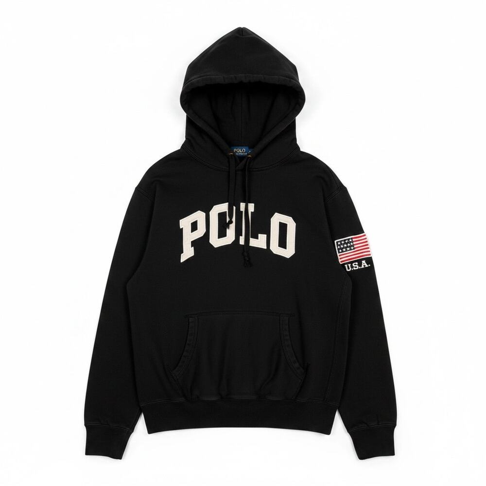 Polo by Ralph Lauren Black Hoodie with White POLO Script and USA Flag Sleeve